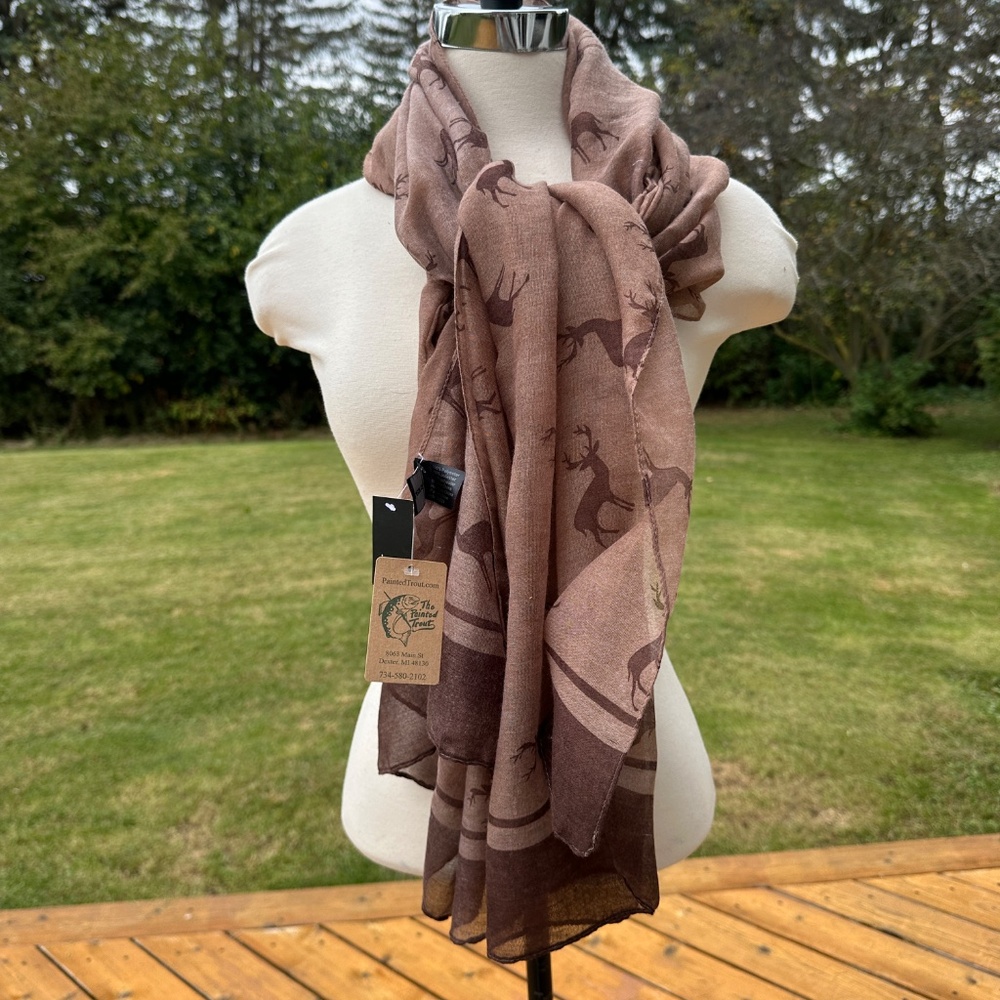 Joy Susan Wide Gauze Scarf Brown Deer Elk Border - Picture 4 of 8